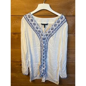 White House Black Market Embroidered V Neck Long Sleeve BOHO Tunic Top Womens 10